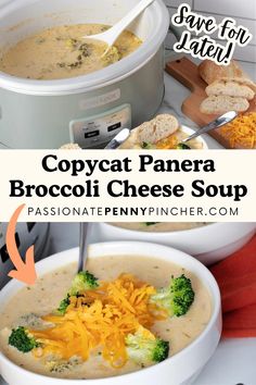 broccoli cheese soup in a crock pot with text overlay that reads copycat panera broccoli cheese soup