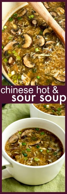 chinese hot and sour soup with mushrooms in a white bowl