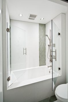 a bathroom with a tub, toilet and shower