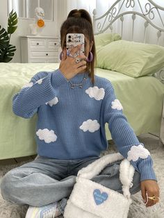 Dusty Blue Casual  Long Sleeve Polyester Graphic Pullovers Embellished Slight Stretch Spring/Fall Women Knitwear Cloud Clothes, Kawaii Outfits, Shein Brasil, Floral Dress Formal, Crochet Sweaters, Lace Formal Dress, Women Sweaters, Drop Shoulder Sweaters, Womens Turtleneck