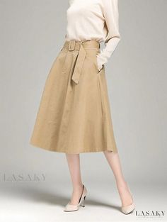 Lasaky - Vintage-inspired, High-waisted, Khaki Midi Skirt with Wide Flared Hemline Casual Fall Skirt With Belt Loops, Spring Belted Skirt Bottoms, Belted Skirt For Spring, Casual Belted Skirt For Fall, Casual Fall Skirt With Belt, Cotton Belted Relaxed Skirt, Cotton Belted Skirt, High Waist Skirt With Belt Loops For Fall, Spring Cotton Skirt With Belt Loops