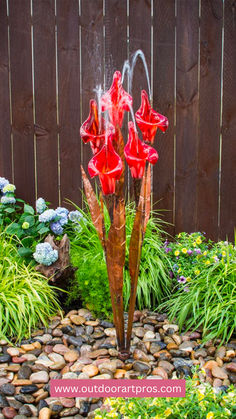 The 50" Copper Blue Iris Flower Garden Fountain is a decorative, flower-inspired copper fountain that adds beauty and relaxation to any backyard, patio, or front yard. Red Iris Flower, Red Iris, Garden Water Feature, Fountains Backyard, Copper Design, Blue Iris, Outdoor Fountain