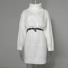 White Christmas Sweater Dresses Solid Turtleneck Knitted White Long Sleeve Sweater Dress For Party, Cozy Ribbed Winter Sweater Dress, Cozy Ribbed Sweater Dress For Winter, Winter White Long Sleeve Sweater Dress, White Ribbed Sweater Dress For Winter, Ribbed Turtleneck Winter Dress, Winter Ribbed White Mini Dress, White Ribbed Winter Dress, White Sweater Dress For Fall Party