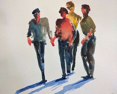 watercolor painting of three people walking down the street holding hands and looking at each other