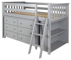 a white bunk bed with drawers underneath it and a ladder to the bottom that leads up