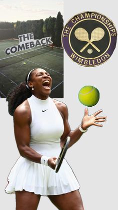 a female tennis player holding a racket in front of a poster with the words wimbledon on it