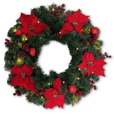 a christmas wreath with poinsettis and lights