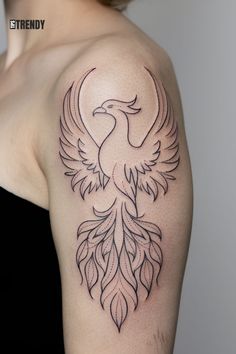 Outline phoenix tattoo with no shading Tattoo Without Shading, Line Phoenix Tattoo, Phoenix Tattoo Stencil, Simple Phoenix Tattoo Feminine, Pheonix Tattoo For Women, Phoenix Outline, Simple Phoenix Tattoo