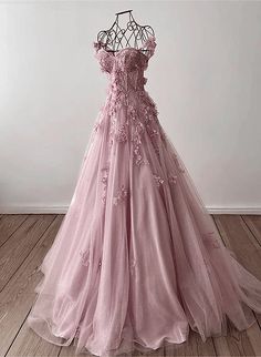 Light Pink Off Shoulder Tulle Floral Party Dress Dress Gowns Elegant, Pink Tulle Prom Dress, Off Shoulder Tulle, Gaun Abad Pertengahan, Prom Dresses Elegant, Floral Party Dress, Dresses Formal Elegant, Sequin Appliques