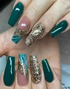 Glitter Nail Designs, Quinceanera Nails, Emerald Nails, Look In, Gold Glitter Nails, Cute Acrylic Nail Designs, Simple Acrylic Nails, Different Ideas, Nails Only