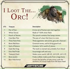 an image of a game character's list for the lord of the rings orc