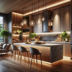 a modern kitchen with wooden cabinets and marble counter tops is lit by pendant lights that hang from the ceiling