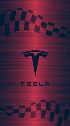 the tesla logo is shown in red and black checkerboard pattern on a metallic background