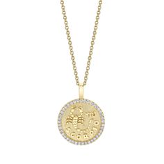 18k gold SCORPIO zodiac coin pendant with diamond frame.  .48cts diamonds  20 inch chain with loops at 18 and 16 inch.  *Custom engraving available please email info@anitako for more information.  #AKZC-SCO Scorpio Zodiac, Custom Engraving