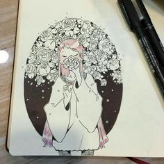 a drawing of a girl with flowers on her head and hands to her face in front of the camera