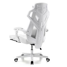 a white office chair with wheels on the back and seat upholstered to the side