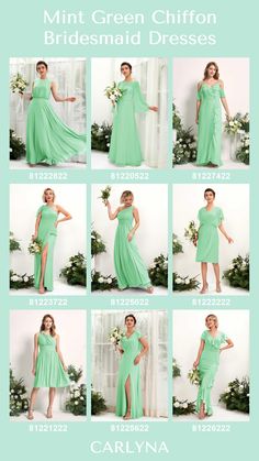 a woman in a mint green chiffon bridesmaid dress is posing for the camera