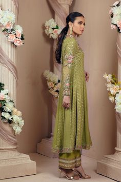 Emira | Pakistani Designer Outfit | Sarosh Salman Green Sharara With Straight Kurta For Reception, Pista Green Anarkali Kurta With Mirror Work, Green Kurta With Mirror Work And Traditional Drape, Green Churidar With Mirror Work In Traditional Drape, Green Churidar With Mirror Work, Unstitched Pista Green Anarkali Set For Reception, Designer Green Kurta With Mirror Work, Eid Pista Green Anarkali Set With Mirror Work, Festive Green Kurta With Mirror Work