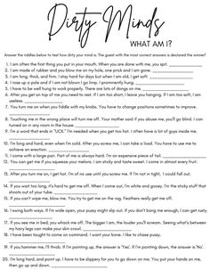 the dirty minds question sheet is shown in black and white, with text that reads what am