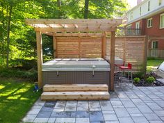 an outdoor hot tub in the middle of a yard