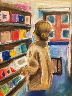 a painting of a person in a library with bookshelves and shelves full of books