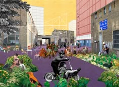 an artist's rendering of a city street with people walking, sitting and riding bikes