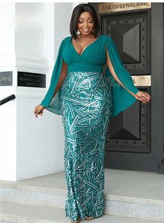 Elegant Green Sequin Plus Size Party Dress V Neck Mesh Cloak Sleeve Evening Gown Green Gown Dress, Plus Size Evening Gown, Plus Size Party, Evening Gowns With Sleeves, V Neck Cocktail Dress, Gaun Fashion, Plus Size Gowns, Sequin Formal Dress, Plus Size Formal