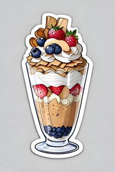 an image of a dessert in a glass with berries and nuts on top, sticker or decal