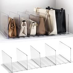 four clear acrylic purses are lined up on a shelf