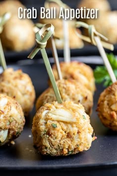 crab ball appetizers with toothpicks on them are ready to be eaten