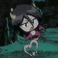 an anime character with horns and horns on her head, holding a pair of scissors