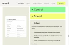 an image of a website page with the words, control and spend save on it