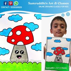 a young boy holding up a mushroom painting in front of a poster that says, samrudti's art & classes