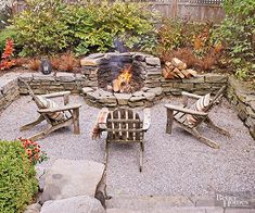 a fire pit surrounded by wooden chairs and plants in a backyard area with an orange border around it