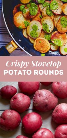 crispy stovetop potato rounds with pesto on top and in the background, there is a pan full of potatoes