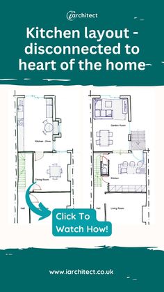 the kitchen layout is shown in blue and green with an arrow pointing up to it