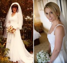 the bride is posing for pictures before and after her wedding