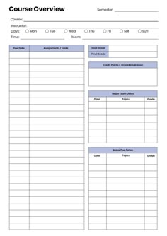 a printable course overview sheet for students to use on their own school day planner