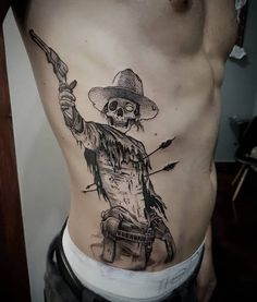 Earth Tattoo Sleeve, Dark Stomach Tattoos, Skeleton Back Tattoo, Mens Chest Tattoos Ideas, Skeleton Cowboy Tattoo, Hand Tattoo Ideas For Men, Trucker Tattoo, Indian Skull Tattoos, Rib Tattoos For Guys