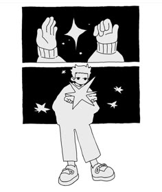 a black and white drawing of a person holding a star in front of two windows