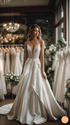 a woman standing in front of wedding dresses