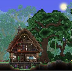 Cozy Terraria House, Terraria Cottagecore, Terraria Medieval House, Terraria Dryad House, Terraria Forest House Ideas, Terraria Cottage, Terraria Storage Room, Terraria Dryad