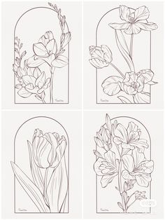 four different types of flowers are shown in this coloring book, each with an oval frame