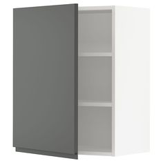 a gray and white cabinet with two shelves next to each other on a white background