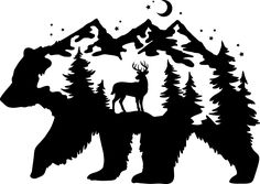 an animal that is standing in the woods with mountains and trees behind it, while the moon