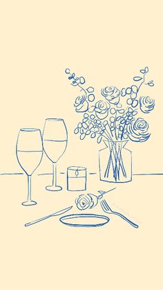 a drawing of flowers in a vase and two wine glasses on a table with utensils