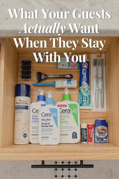 an open drawer with toothbrushes, shampoos and other hygiene products