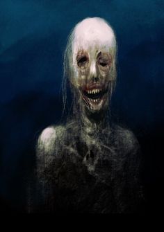 an image of a creepy man with white hair and teeth in the dark blue background