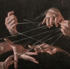 the painting shows hands holding strings and pulling them apart from each other with their fingertipss