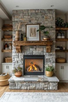 a living room with a fire place and shelves on either side of the fireplace that are filled with potted plants